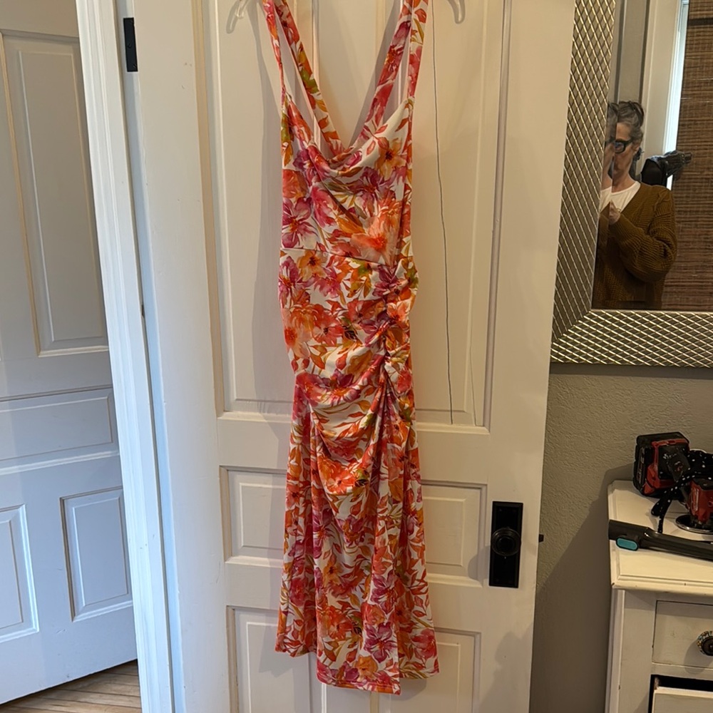 SHEIN Orange and Pink Cowl Neck Ruffled Sundress